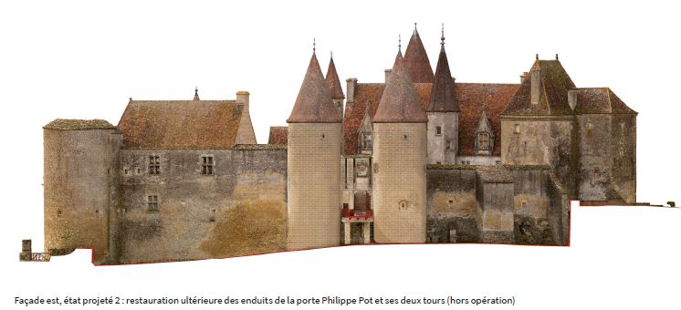 Façade est, état projeté 2 : restauration ultérieure des enduits de la porte Philippe Pot et ses deux tours (hors opération)